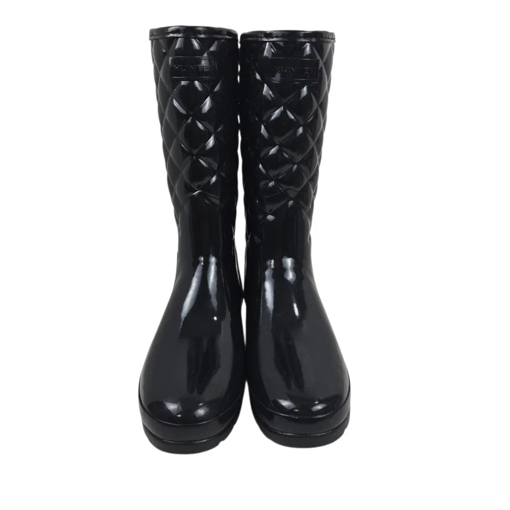 Hunter Refined Quilted Gloss Rain Boots, Adjustable Mid-Calf Black US 8, EU 39